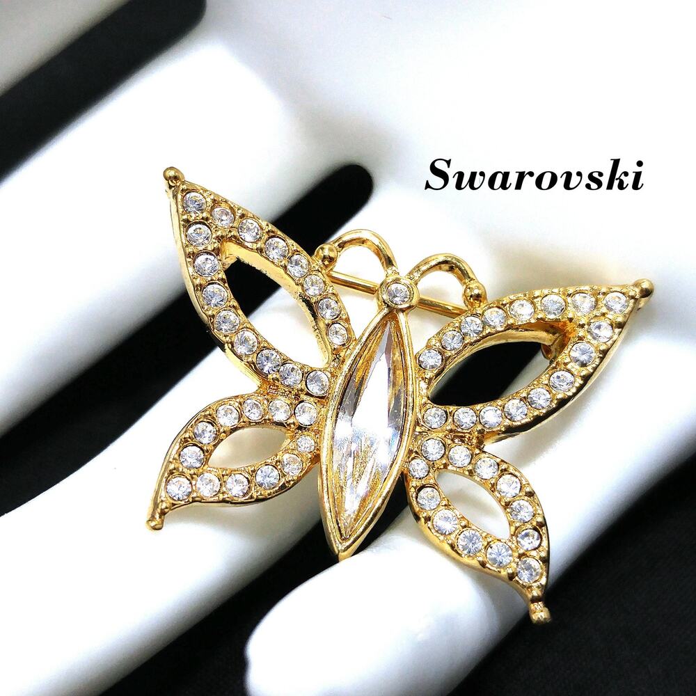 Vintage Swarovski Swan Butterfly Brooch Gold Tone Clear Rhinestones